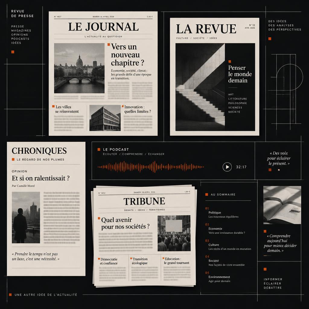 Collage de unes de presse, tribunes et podcasts, illustration générée